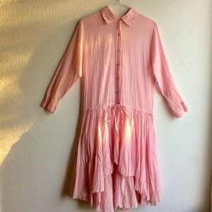 NWOT Free People ONE Mini Dress Tunic Sz Small Color Pink Crinkle Gauze SRP $128